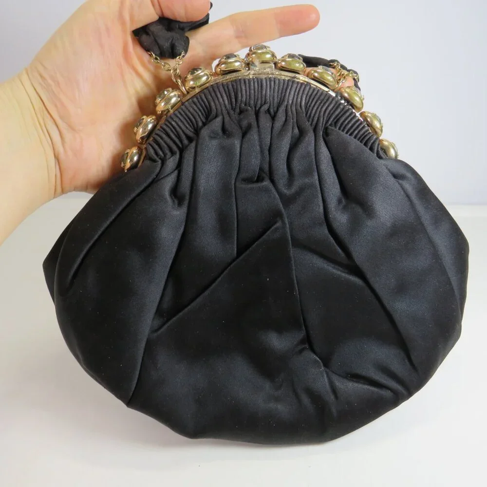 Vintage 1950s Black Satin Pouf Bag with Jeweled Frame Evening Bag Formal Costume